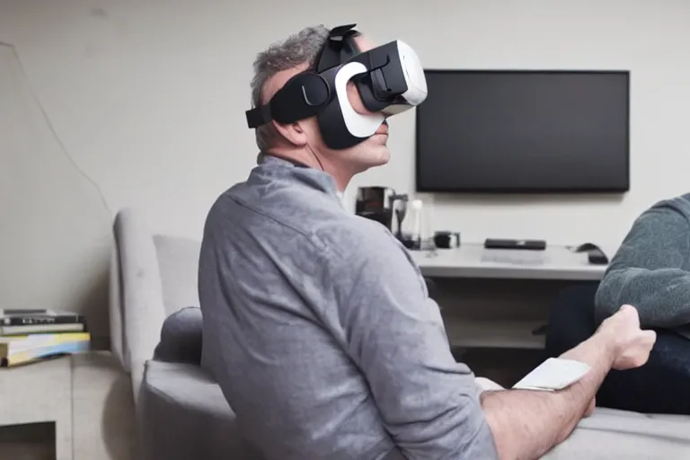 Prompt: 9 0 deg shot of a man sitting on the couch!!, watching vr in a headset!! in a darkly lit room, with a monitor behind the scene