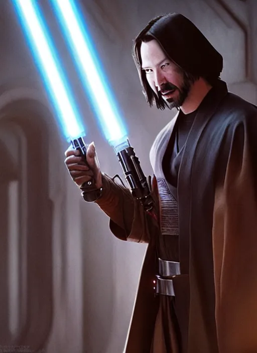 Image similar to a jedi holding a lightsaber, keanu reeves, greg rutkowski, 8 k, shallow depth of field, intricate detail, concept art,