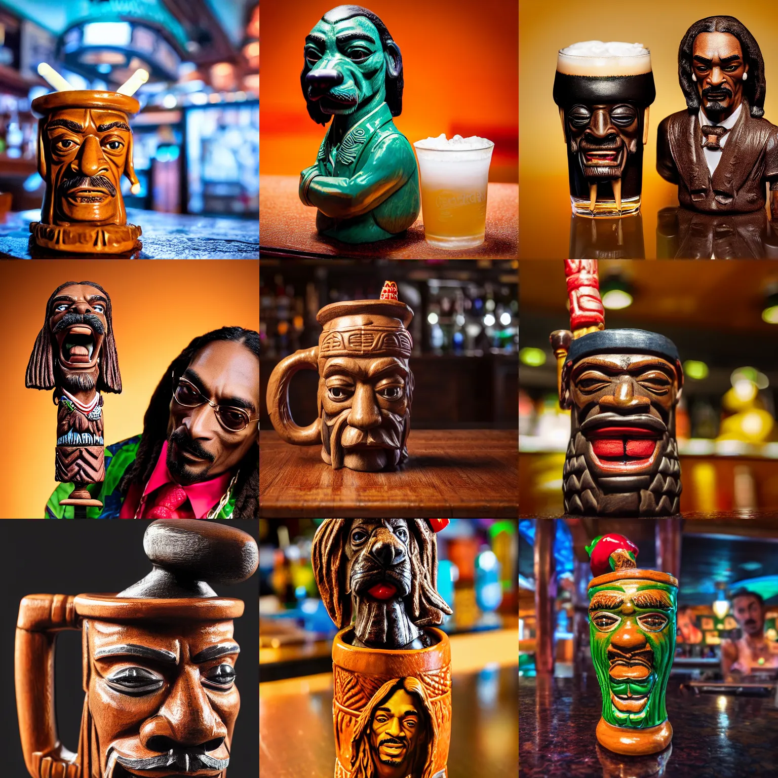 Prompt: a closeup photorealistic photograph of trader vic's snoop dogg tiki mug next to snoop dogg at the bar. brightly lit scene. this 4 k hd image is trending on artstation, featured on behance, well - rendered, extra crisp, features intricate detail, epic composition and the style of unreal engine.