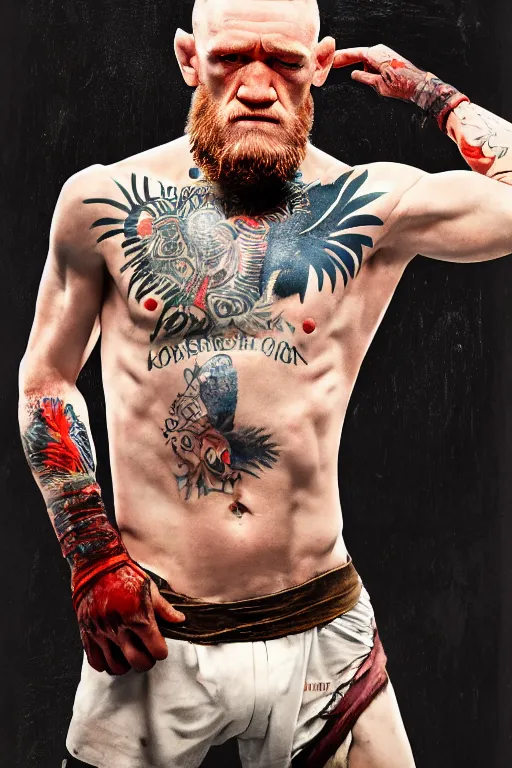 Image similar to connor mcgregor as kratos, 8 k, hdr, great light, gustave courbet, annie leibowitz