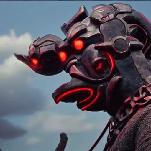 Prompt: movie still of a huge buff hypertrophic manly samurai wearing a scary cybernetic oni mask