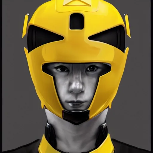 Image similar to symmetry!! portrait, head only, yellow ranger, thunderbolt - helmet!!, artstation, art by murata, art by oda echiiro, art by tatsuki fujimoto, lightning helmet, 3 d, jumpsuit, gloves, futuristic poster,