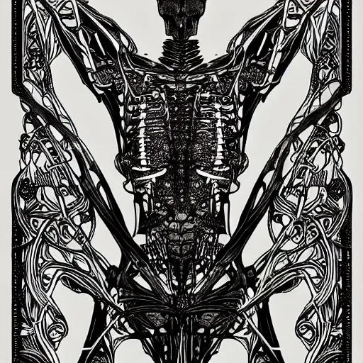 Image similar to pencil illustration of a kangaroo skeleton, highly detailed art nouveau, on black, silk screen t-shirt design 4K, masterpiece, trending on art station