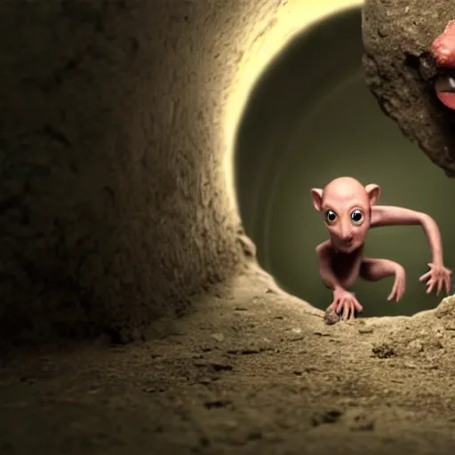 Image similar to a little homunculus man slipping his way into a little rat hole, vfx, hyper realistic