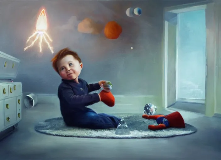 Image similar to lonely toddler elon musk sitting on a shaggy rug playing with his little space rockets, bedroom, realistic painting, beautiful soft lighting, istvan sandorfi