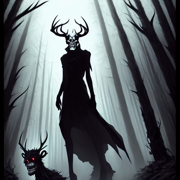 Image similar to style artgerm, joshua middleton, diego fazio, hubert robert : : scary wendigo with antlers and skull face mixed with werewolf : : [ beautiful witch wearing a black dress, symmetrical face, on the right side ] : : in the forest, detailed, dark and foggy, cinematic lighting