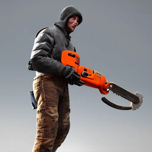 Prompt: portrait of the human with chainsaw instead of head and hands, unreal engine 5, ps5, highly detailed, gloomy lighting, photorealistic, 8k