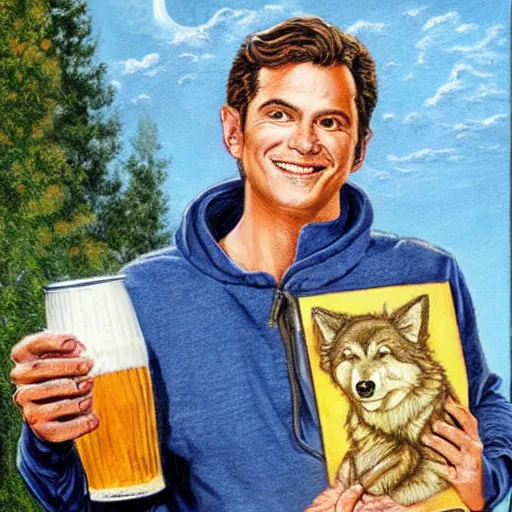 Image similar to Wolf as a human, wearing sweatshirt, holding beer, artwork by Earl Norem,