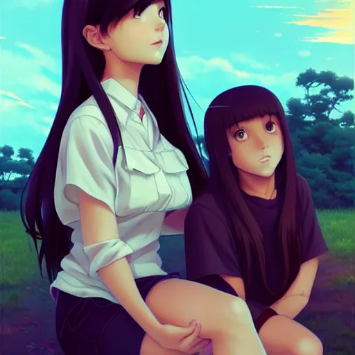 Prompt: a beautiful girl with long dark hair, sitting in the park next to her younger brother who has dark hair, sunset, evening, sharp focus, intricate, digital painting, artstation, official media, anime key visual, highly detailed, rich vivid colors, ambient lighting, illustration, art by Artgerm, Makoto Shinkai, Ilya Kuvshinov, Lois Van Baarle, and Rossdraws