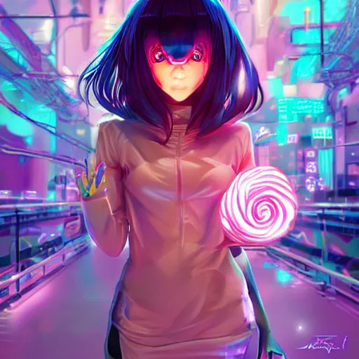 Prompt: beautiful cyber candy anime girl in 3 d, by wlop, cool color palette, cinematic, epic, grandiose, moody, mathematics, futuristic, by jason felix, dan mumford, kinkade, lisa frank, ilya kuvshinov