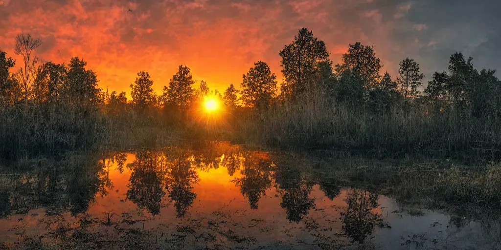 Prompt: abandoned huge building in shape of skull, puddles of water, trees, sunrise, orange glow, by greg rutkowsky and ivan shishkin,