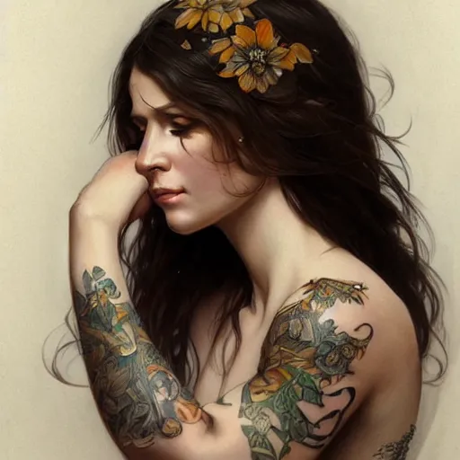 Image similar to ultra realistic illustration, a hot brunette tattooed slavic woman in her late 2 0's, intricate, elegant, highly detailed, digital painting, artstation, concept art, smooth, sharp focus, illustration, art by artgerm and greg rutkowski and alphonse mucha