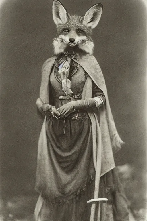 Prompt: a wet plate photo of an anthropomorphic fox vixen as maid marian from robin hood