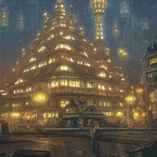 Prompt: a lot of lights, multi layered huge architectures, no people, intricate, Miyazaki Hayao, Ghibli, editor’s pickup, trending on artstation, trending on deviantart, 4K