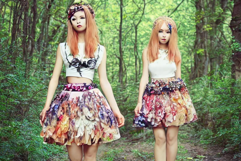 Image similar to chibi anime fashion model wearing valentino 2 0 1 4 floral skirt and jeweled headpiece outdoors in the woods, flowers