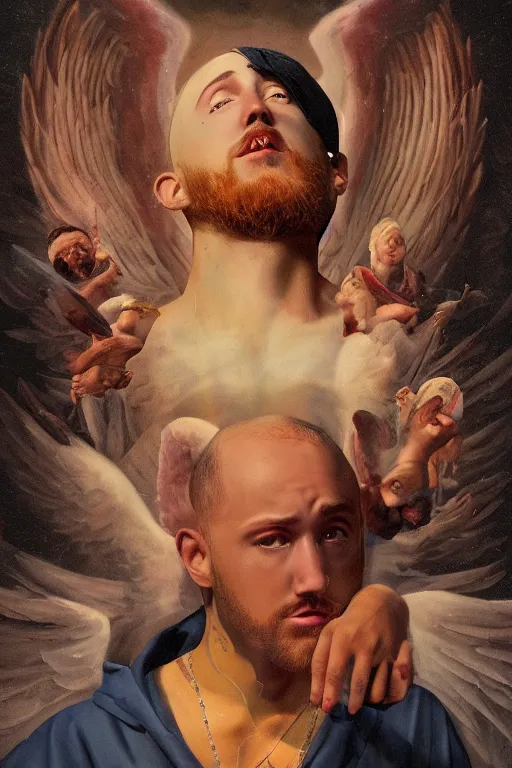 Prompt: The last portrait of Mac Miller, Heavenly, Hellish, Divinity, Hope, Ethereal, Renaissance Painting, Symmetry, God and the Devil on my shoulders, Atmospheric Lighting, artstation trending, good versus evil, ladders, angelic, the divine feminine, drama masks, Pittsburg, Blue Slide Park, Most Dope, environment concept, Rendered in Octane, trending on artstation, cgsociety, moody lighting rendered by octane engine, environment 8K artstation, cinematic lighting, intricate details, 4k detail post processing, hyperealistic, octane render, photo realism