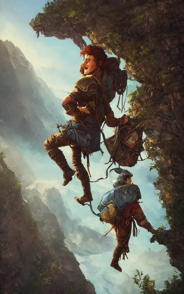 Image similar to an oil art painting of young handsome fool adventurer with adventurer hiking backpack, grim gwent card, gipsy mage adventurer character design from inquisition, climbing up a cliffside, 4 k, ultra detail, volumetric lighting, unreal engine, octane render, by tom bagshaw, artgerm