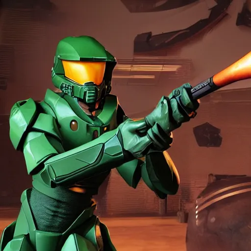 Prompt: Master chief using a crowbar