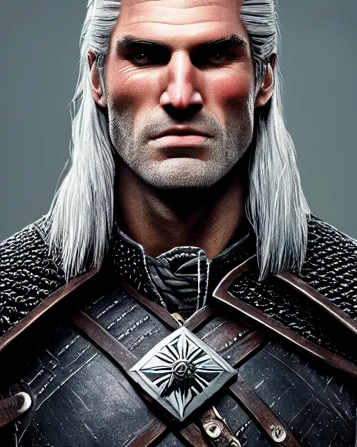 Image similar to portrait of geralt of rivia, 5 5 mm lens, professional photograph, times magazine, serious, stern look, zoomed out