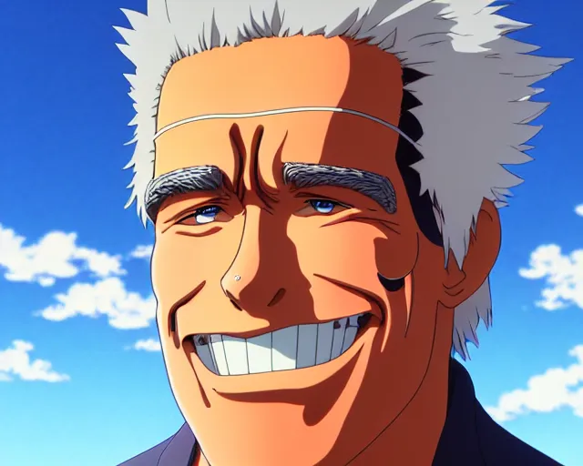 Image similar to anime fine details portrait of joyful Arnold Schwarzenegger at beach anime masterpiece by Studio Ghibli. 4k render.