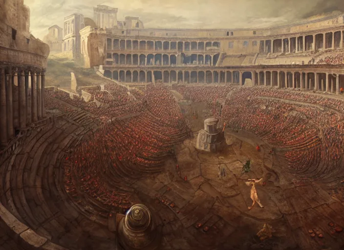 Prompt: a historical depiction of an epic scene inside the roman coliseum filled with dueling gladiators, spectators, in the style of greg rutkowski and remedios varo, digital painting, photorealistic, ornately detailed, unreal engine, extremely detailed masterpiece, illustration, trending on artstation