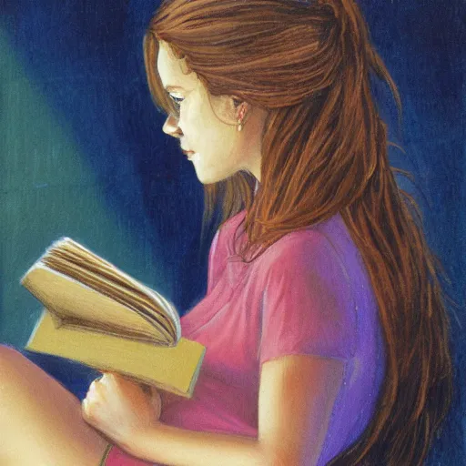 Image similar to a girl reading a book, hair flowing down, by jeff bridges