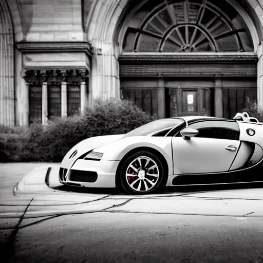 Image similar to photograph of a wrecked bugatti veyron in front of union station in kansas city missouri, dramatic lighting, realistic, 8 k