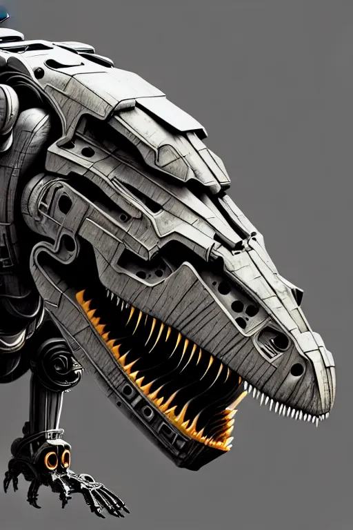 Image similar to trex in a cyborg mech suit, by alexandre ferra, zezhou chen, peter gric, boris artzybasheff and hr giger, hyper detailed, screen print, character concept art, hyperrealism, coherent, cgsociety, zbrush central, behance hd, hypermaximalist