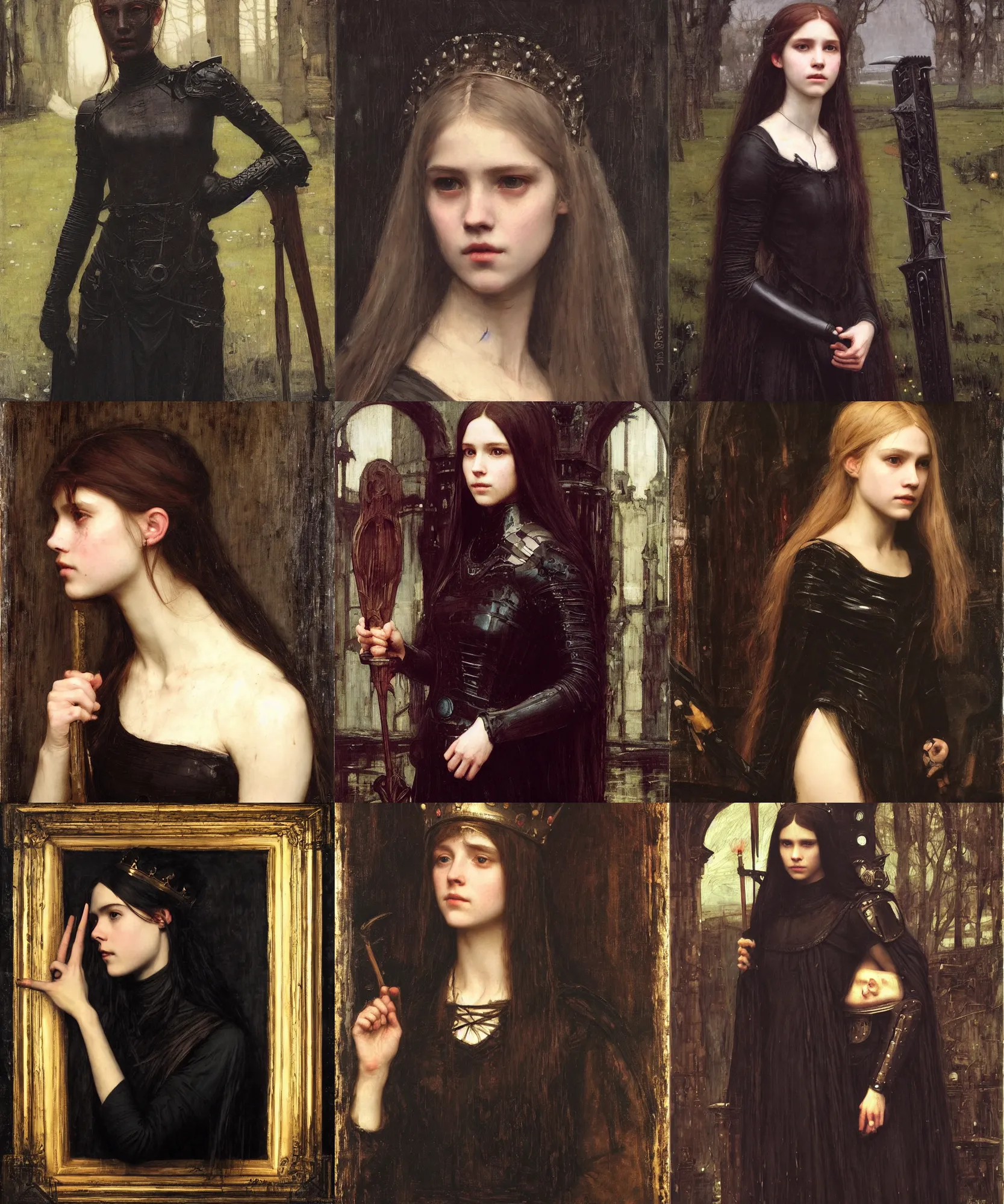 Prompt: The portrait of Hunter Schafer in black wax crown by John William Waterhouse, dark fantasy, witcher, very detailed oil painting, masterpiece, 8k