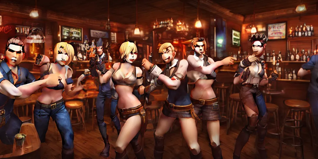 Prompt: a photo of a bar fight inside a pub between cosplayers, Leica, symmetrical faces, muscles, detailed faces, accurate faces, 4k, 3D render, hyperrealism, editorial, photorealistic, crisp details, sharp focus, wide angle lens, octane render, cinematic lighting