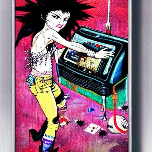 Image similar to punk girl destroying a crt tv with a spiked baseball by ayami kojima