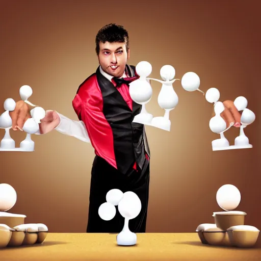 Prompt: magician performing the cups and balls very realistic