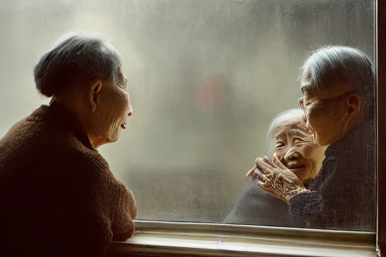 Prompt: a cinematic painting of a beautiful old chinese couple through a steamed up glass window, beautiful lighting, high depth, ultra realistic, artistic, by annie leibovitz