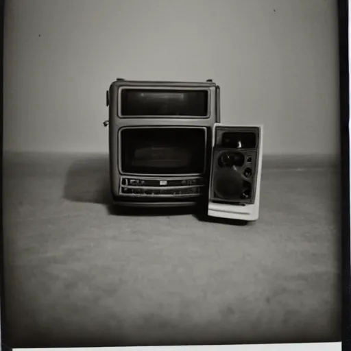 Prompt: creepy Polaroid photo of a cursed TV showing a well, 90s, black and white, dark room, found footage, in the style of the ring