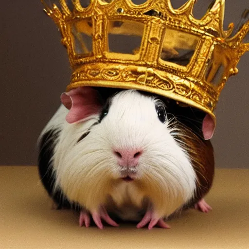 Image similar to A guinea pig with a golden crown with smaller guinea pigs bowing