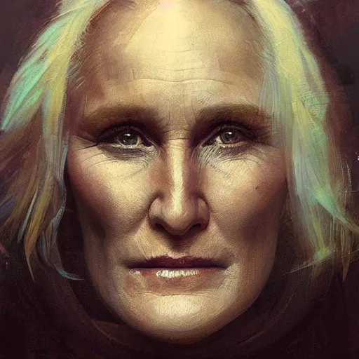 Image similar to glenn close, hyperrealistic portrait, bladerunner street, art of elysium by jeremy mann and alphonse mucha, fantasy art, photo realistic, dynamic lighting, artstation, poster, volumetric lighting, very detailed face, 4 k, award winning