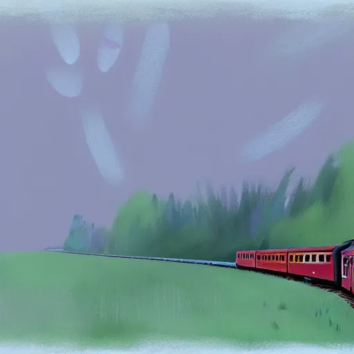 Prompt: a painting of a train traveling through a forest, a storybook illustration by goro fujita, deviantart, american scene painting, matte drawing, 2 d game art, speedpainting