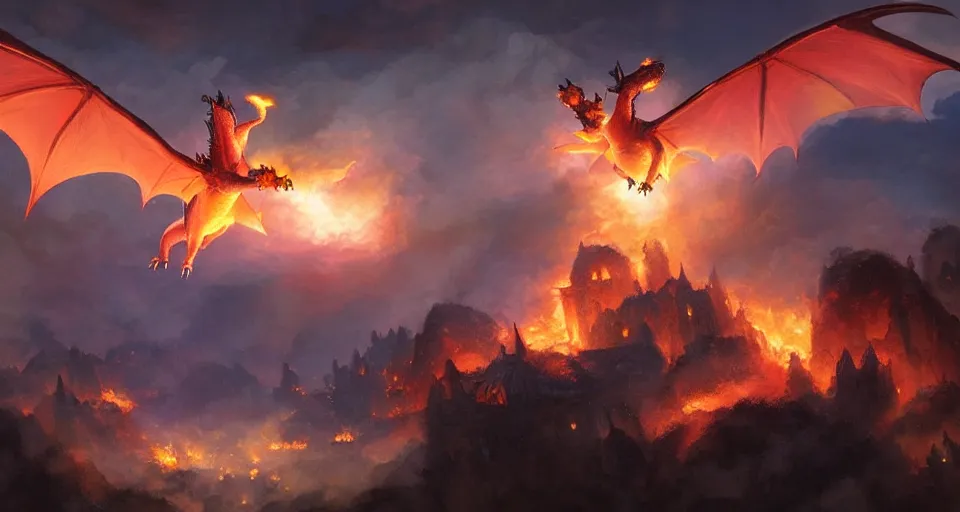 Prompt: book illustration of flying charizard dragon above the village. Burning houses dragon fire breath. Atmospheric beautiful by Eddie mendoza and Craig Mullins. volumetric lights