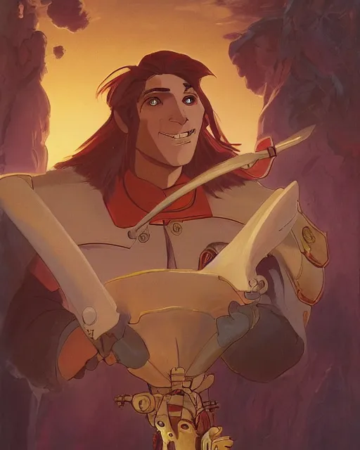 Prompt: portrait of a spanish conquistador, by daniel zrom and disney concept artists and masamune shirow and josan gonzales and studio ghibli, treasure planet movie still, treasure planet movie color scheme, symmetric, handsome