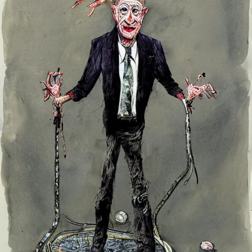 Image similar to Jacob Rothschild full body shot, dollar bills Body horror, biopunk, by Ralph Steadman, Francis Bacon, Hunter S Thompson