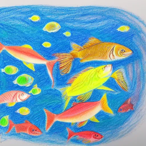 Prompt: school of fish jumping above water, color pencil sketch, maximalist, white background