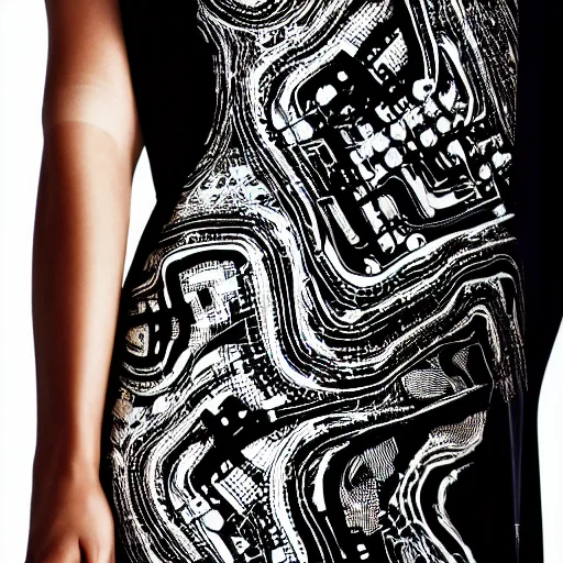 Prompt: Close up of an edgy black dress with print of a large circuit on dress, photography , fashion magazine editorial , highly detailed