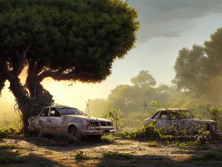 Image similar to a tree growing on a scrap car in ancient greek ruins, gray wasteland, many scrap cars, overgrown, pillars and arches, colorful flowers, vines, hyperrealistic, highly detailed, cinematic, ray of golden sunlight, beautiful, cgsociety, artstation, 8 k, oil painting by greg rutkowski, by artgerm, by wlop