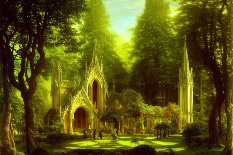 Image similar to a beautiful and highly detailed photo painting of an elven cathedral in a beautiful garden in a mystical forest, by caspar friedrich, albert bierstadt, james gurney, brian froud,