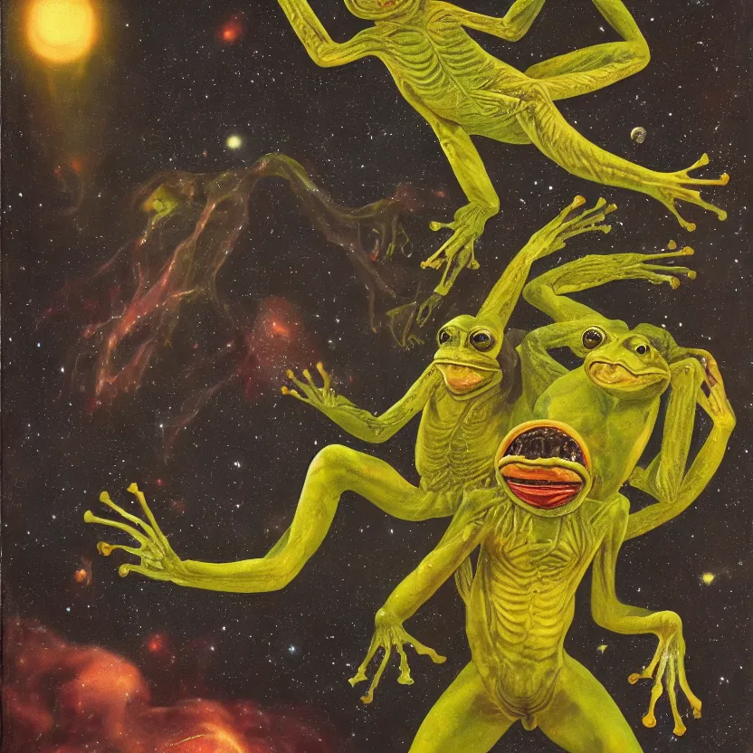 Image similar to an alien frog monkey with wings on a distant cosmic world. strange anatomy. pulp sci - fi art. baroque period, oil on canvas