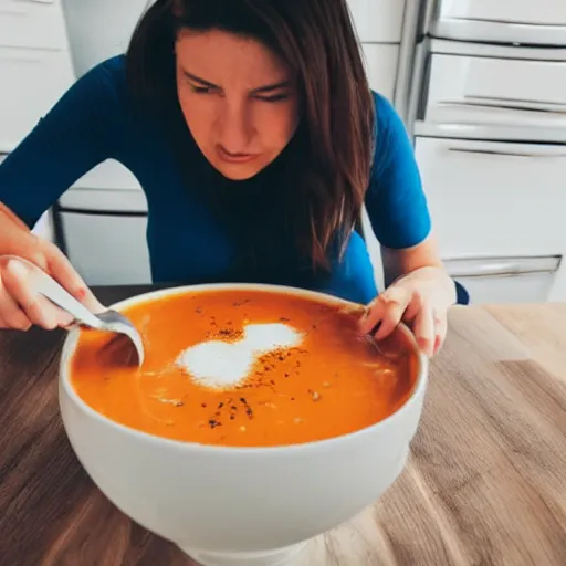 Prompt: person unable to eat soup properly spilling it everywhere