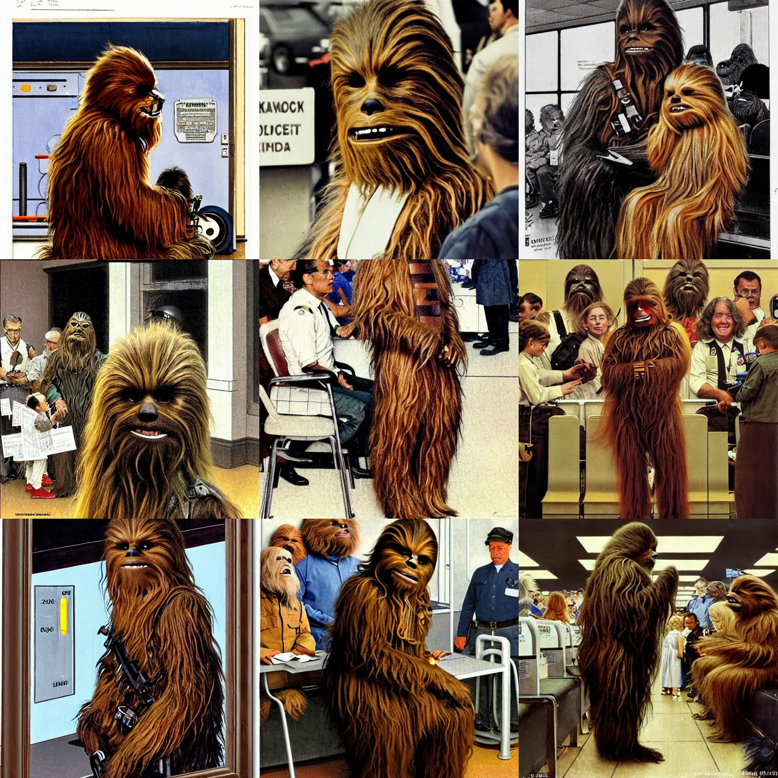 Prompt: chewbacca waiting in line at the dmv by norman rockwell