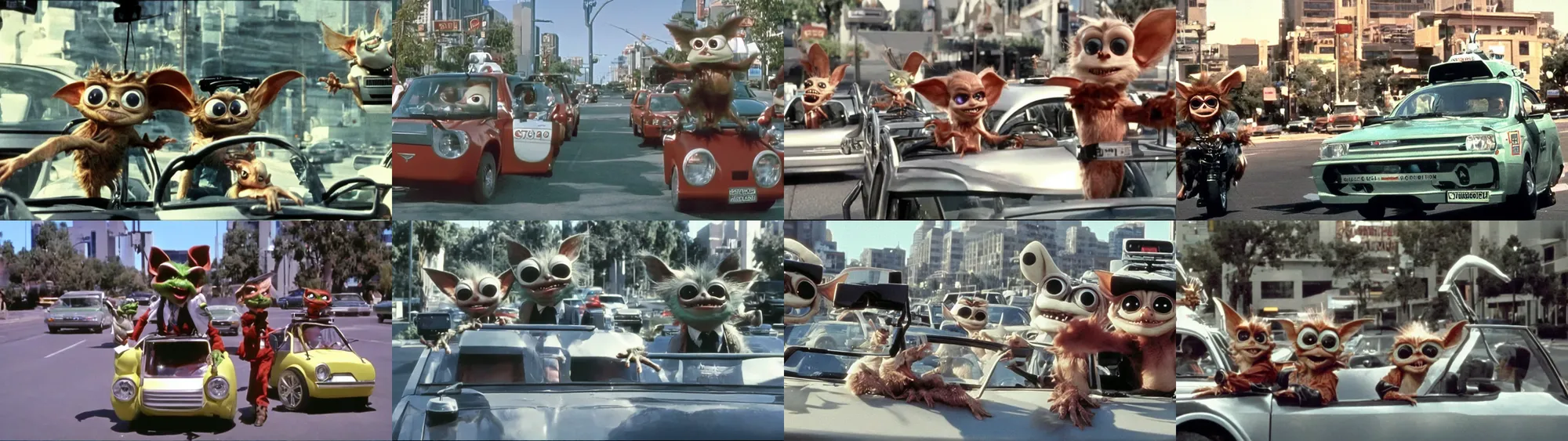 Prompt: Gremlins driving anthropomorphic self driving gremlin cars in downtown silicon valley, film still from banned media Gremlins 3 New World Order, directed by Joe Dante, Nathan Fielder, Groucho Marx and REDACTED