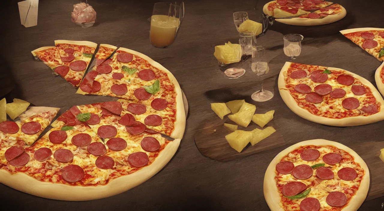 Prompt: one round tasty pizza with pineapple and ham, ultra realistic, artstation