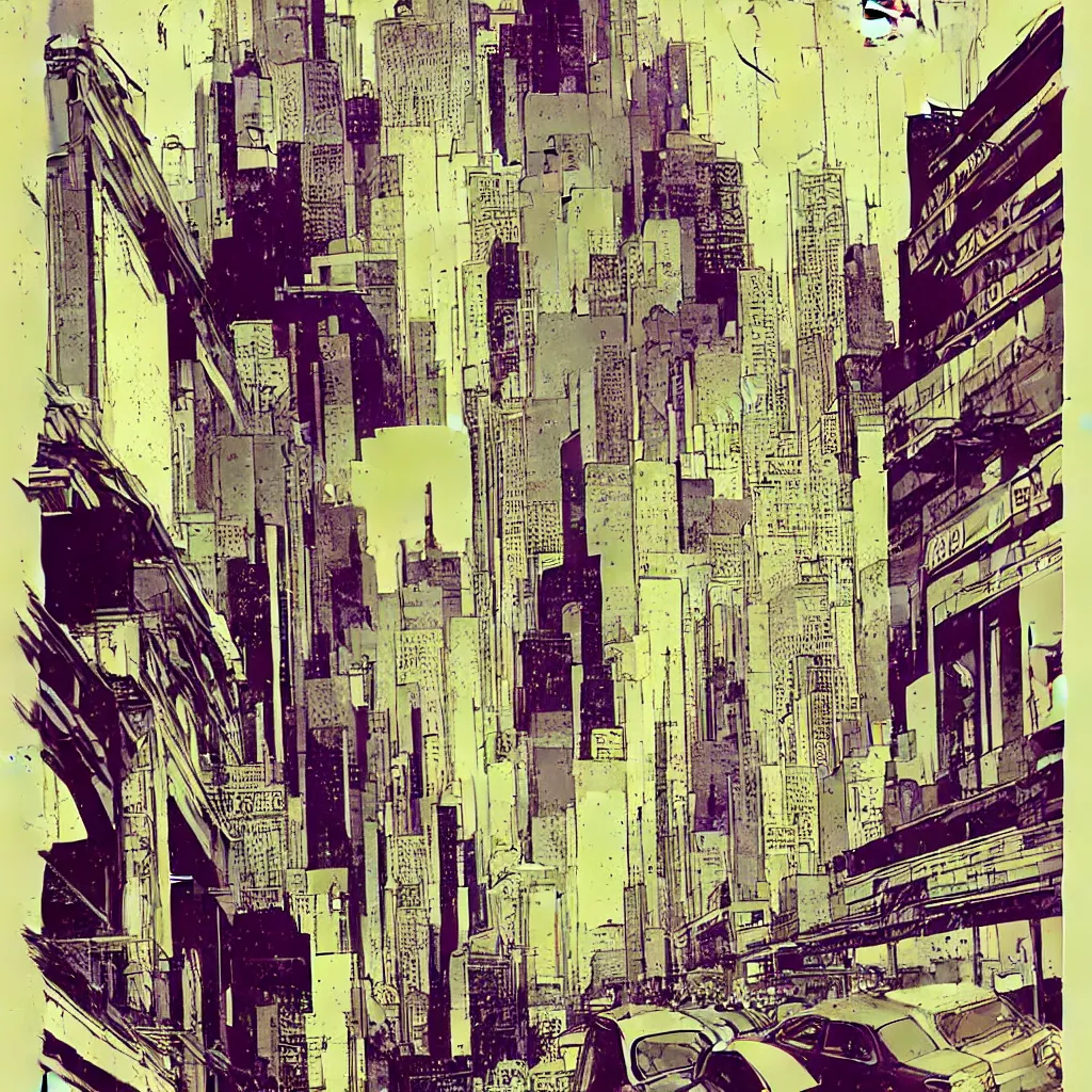 Image similar to bill sienkiewicz art nouveau city